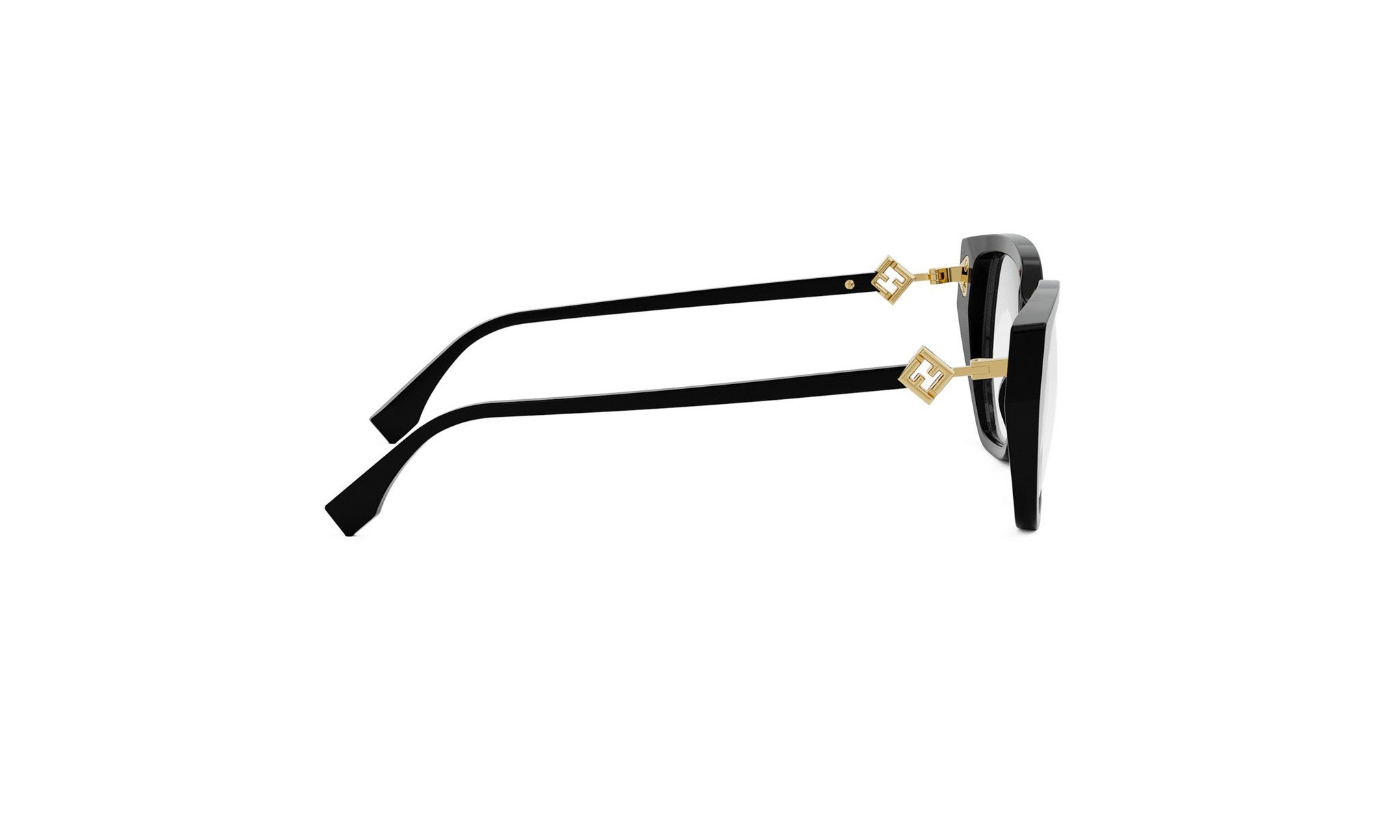 A pair of black-framed glasses with gold accents, positioned side by side against a white background.