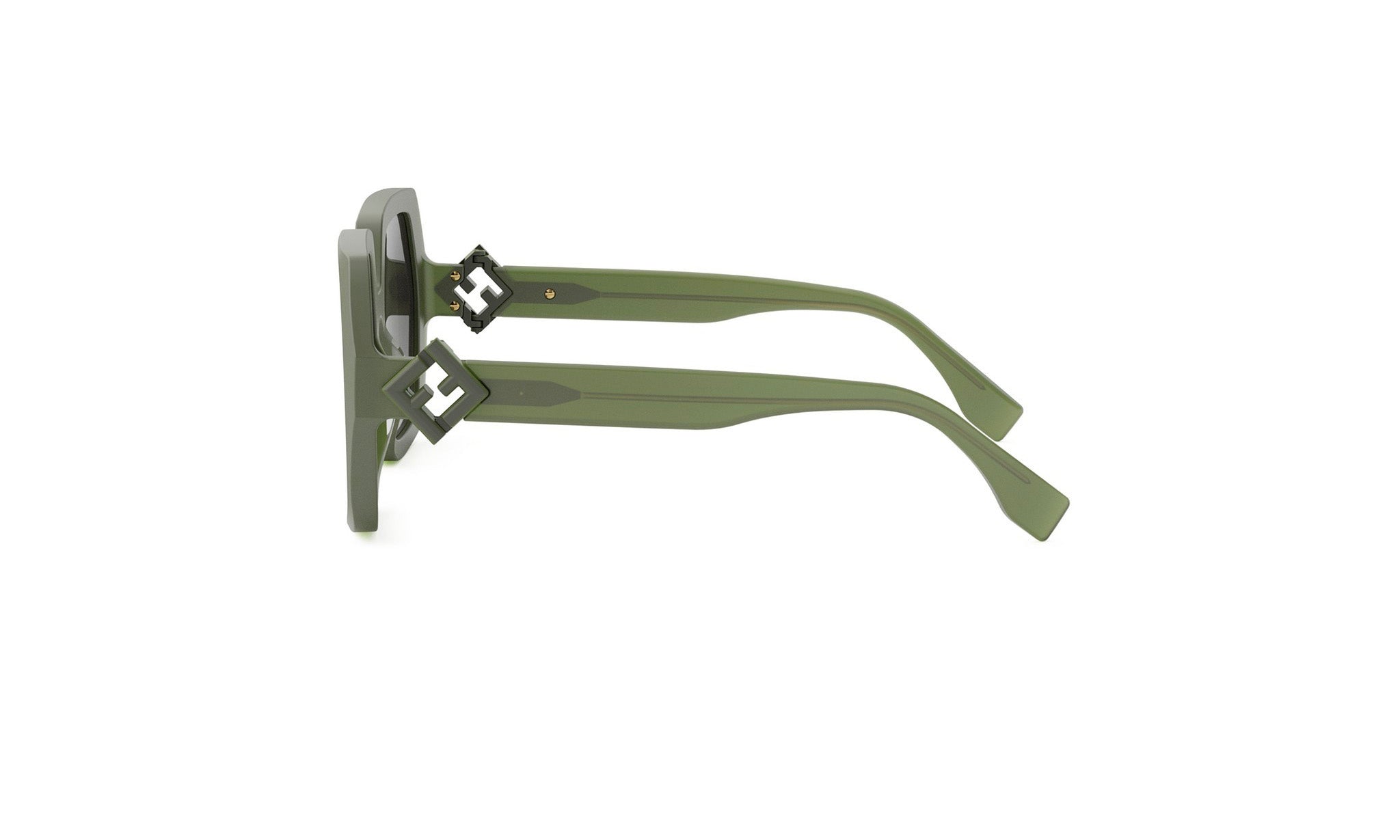A pair of green-framed sunglasses with a geometric pattern on the temples.