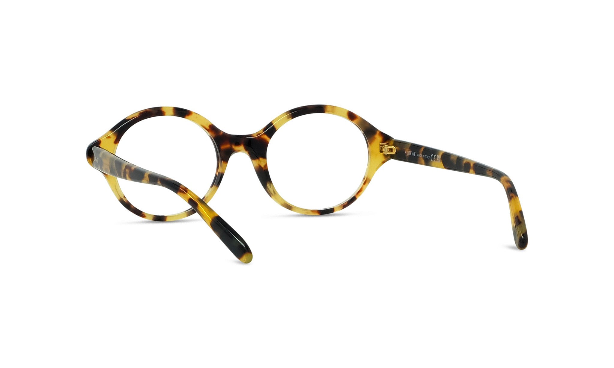 A pair of tortoiseshell-framed glasses with a yellow and black color scheme.