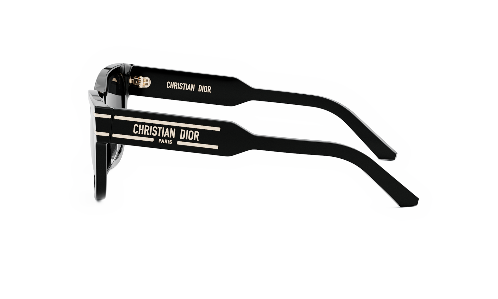 A pair of black Christian Dior sunglasses with gold accents.