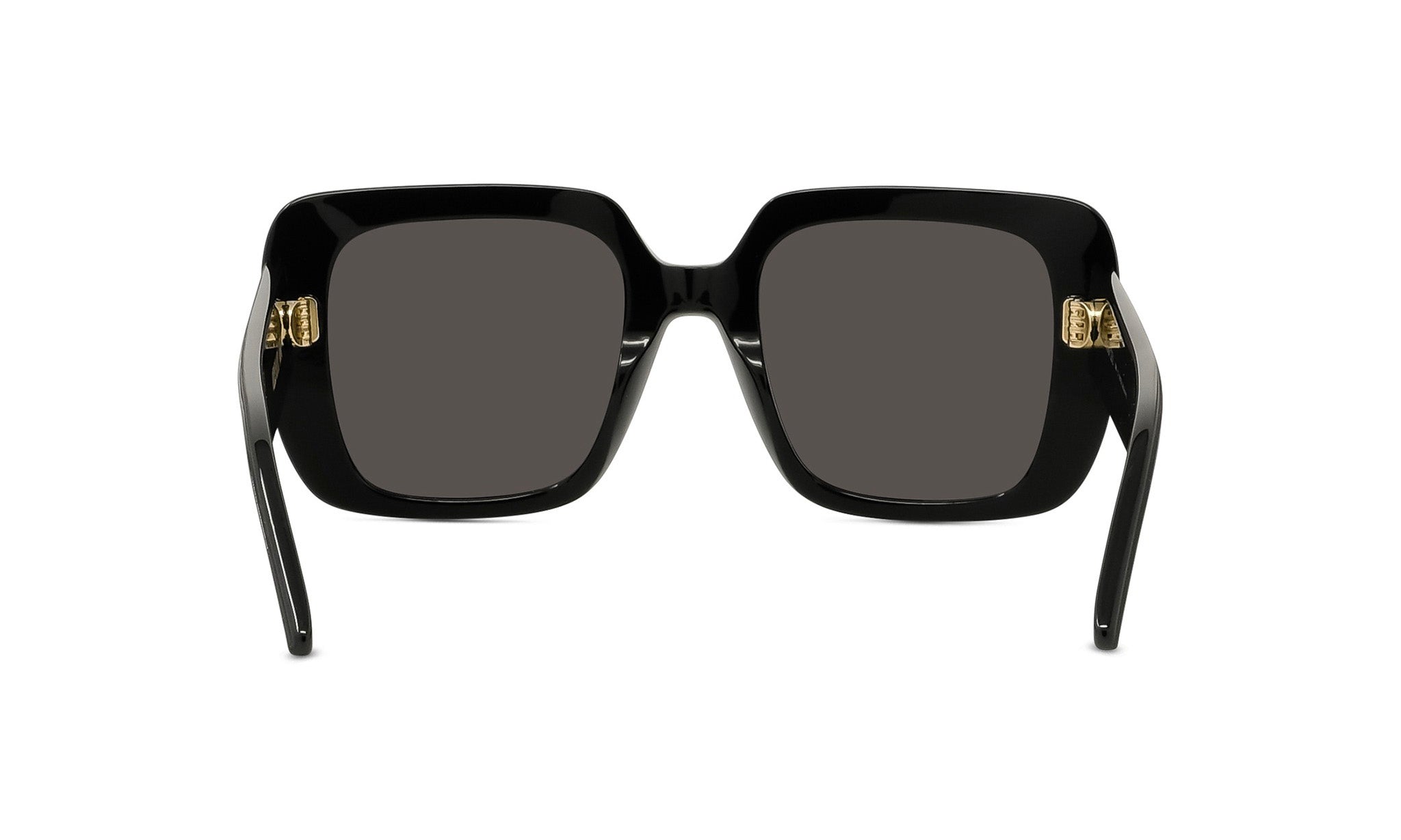 A pair of black sunglasses with gold-colored temples and dark lenses.