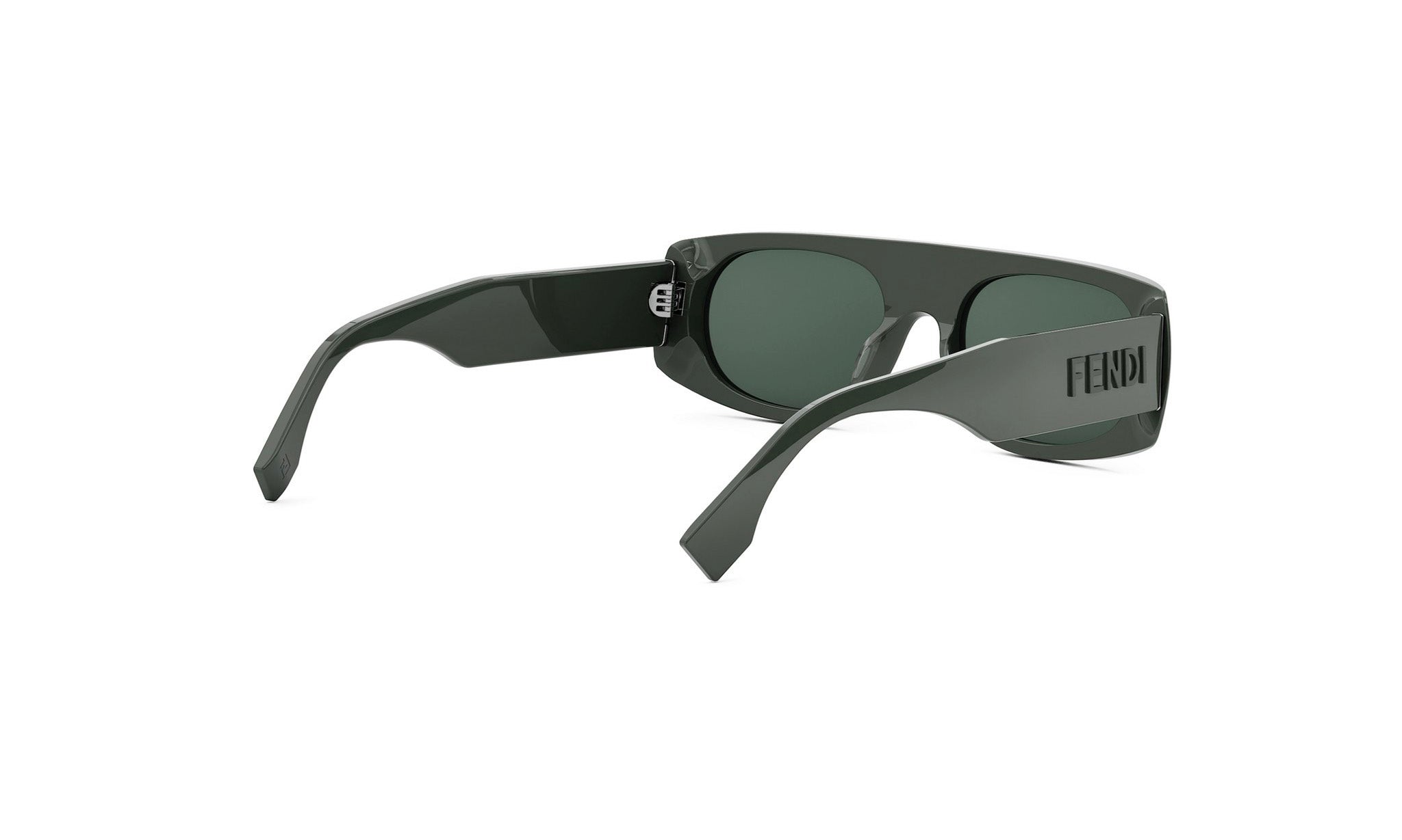 A pair of dark green sunglasses with the Fendi logo visible on the frame.