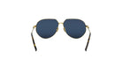 A pair of aviator sunglasses with dark blue lenses and gold-colored frames.