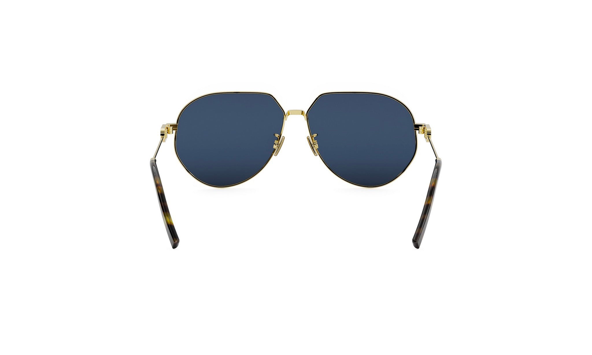 A pair of aviator sunglasses with dark blue lenses and gold-colored frames.