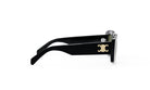 A pair of black sunglasses with a gold C logo on the frame.