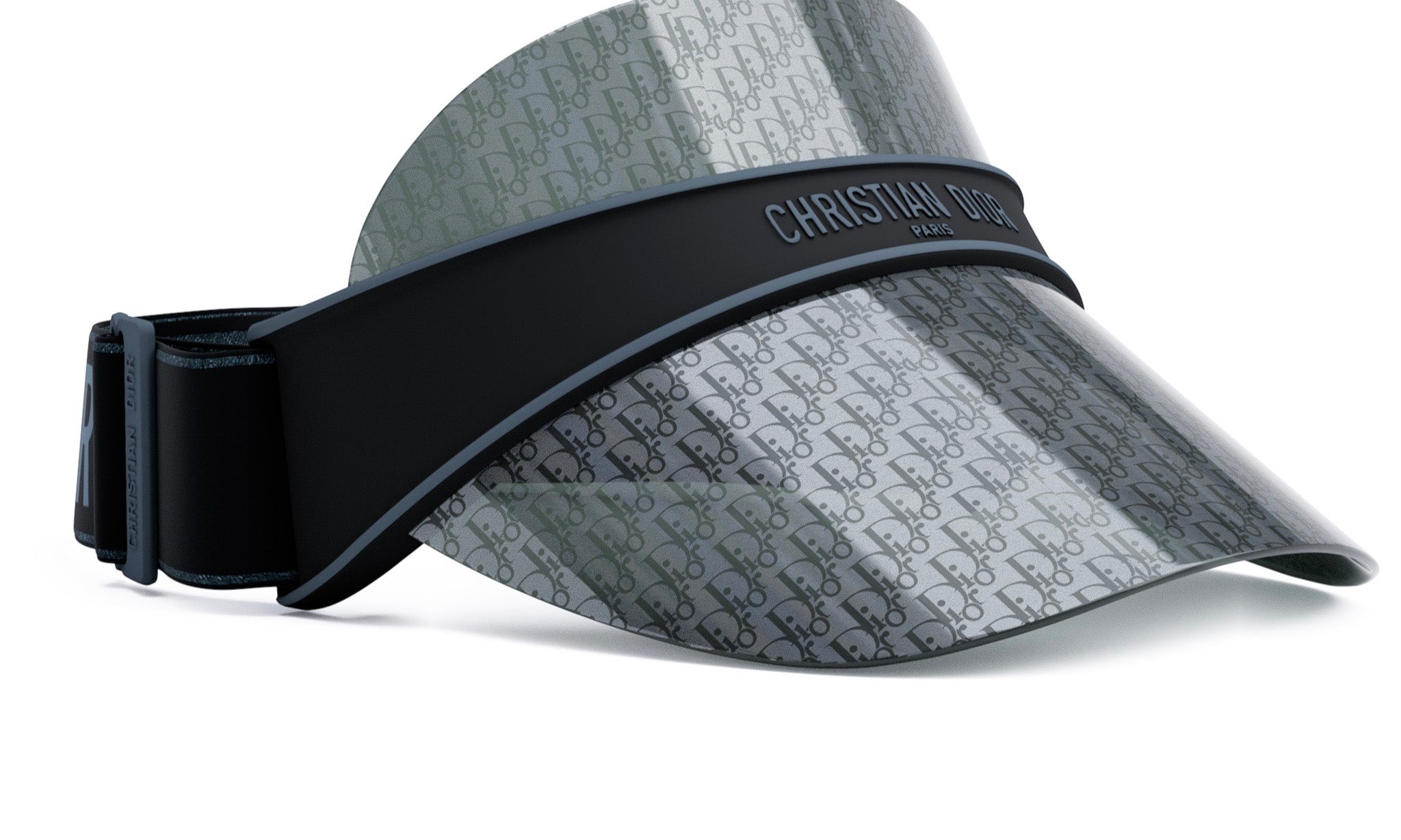 A black and silver visor with a repeating pattern of the letter "D" on it.