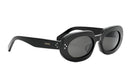 A pair of black sunglasses with round frames and dark lenses.