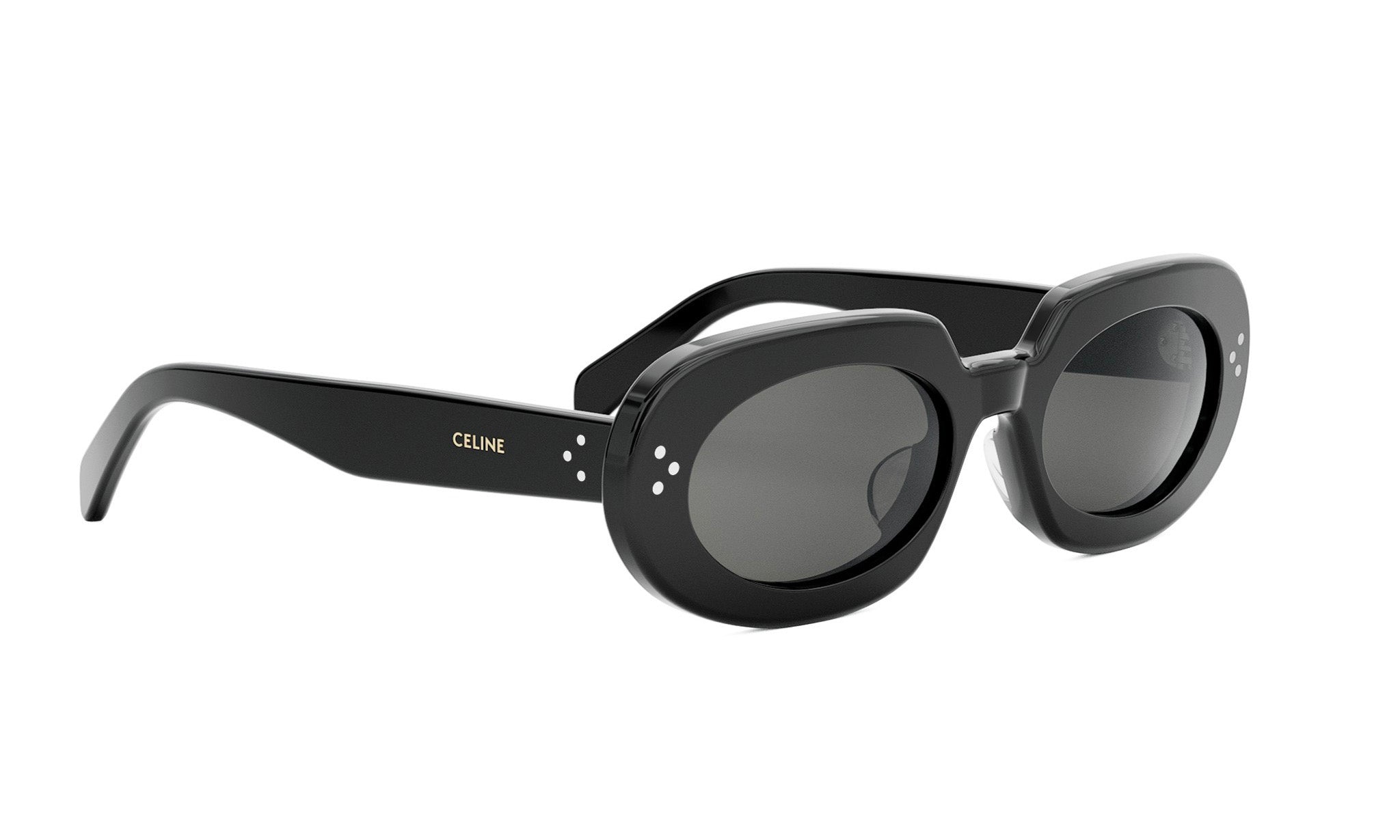 A pair of black sunglasses with round frames and dark lenses.