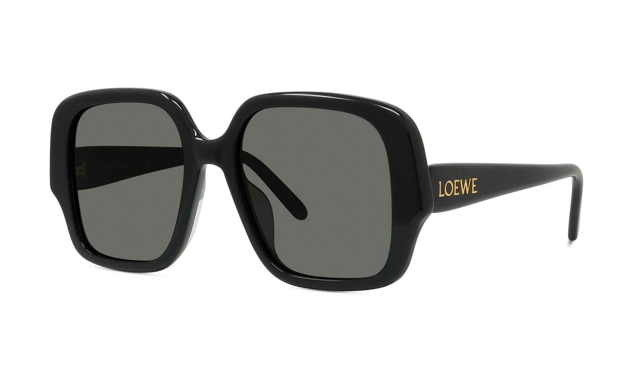 A pair of black square-framed sunglasses with the word "LOEWE" printed on the side.