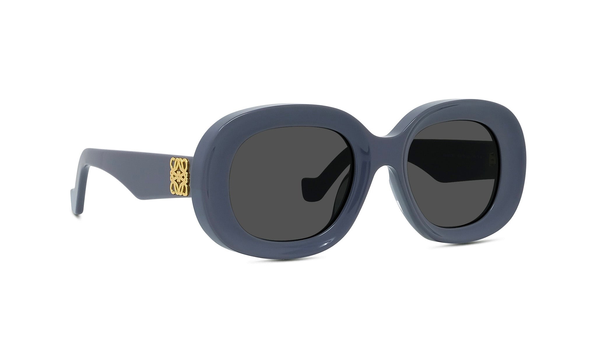 A pair of stylish sunglasses with dark blue frames and dark lenses.