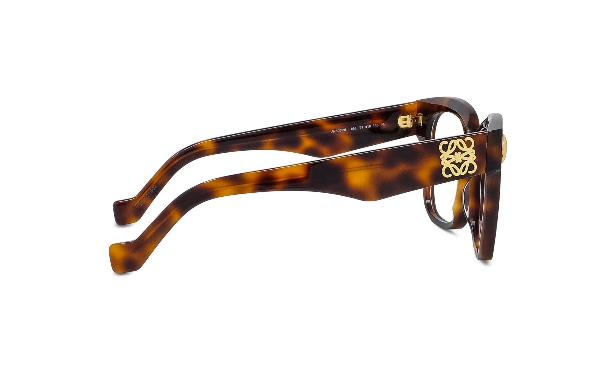 A pair of stylish tortoiseshell-framed glasses with a gold-colored logo on the temples.