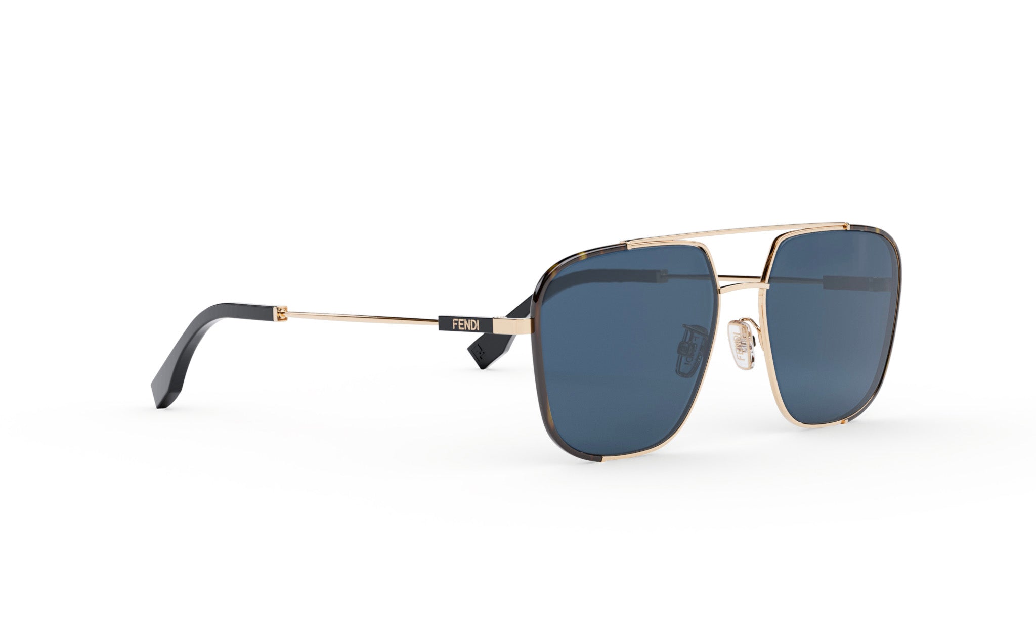 A pair of black sunglasses with gold accents, featuring a dark blue lens and a gold frame.