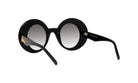 A pair of black round sunglasses with gold accents.