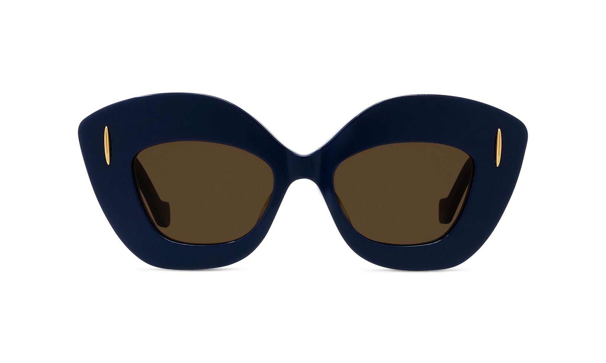 A pair of dark blue cat-eye sunglasses with brown lenses.