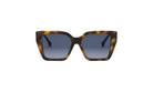 A pair of stylish sunglasses with dark blue lenses and a brown frame.