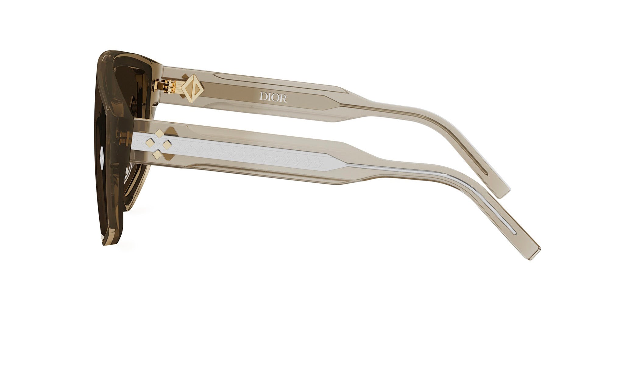 A pair of sunglasses with a gold-colored frame and bezel.