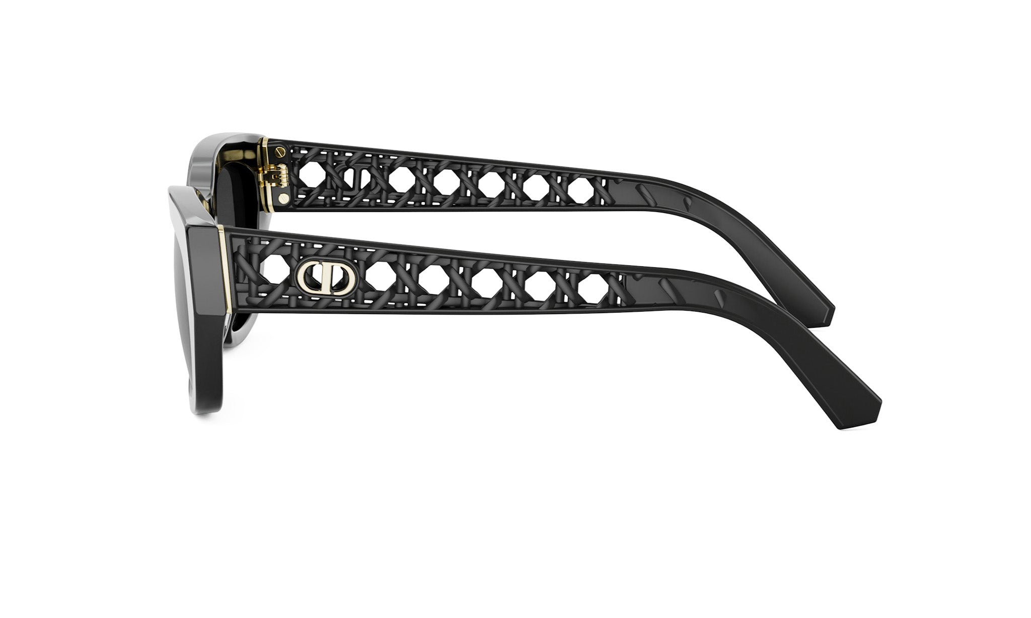 A pair of black sunglasses with a unique, lattice-like frame design.