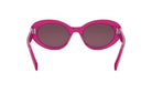 A pair of pink, round sunglasses with dark lenses.