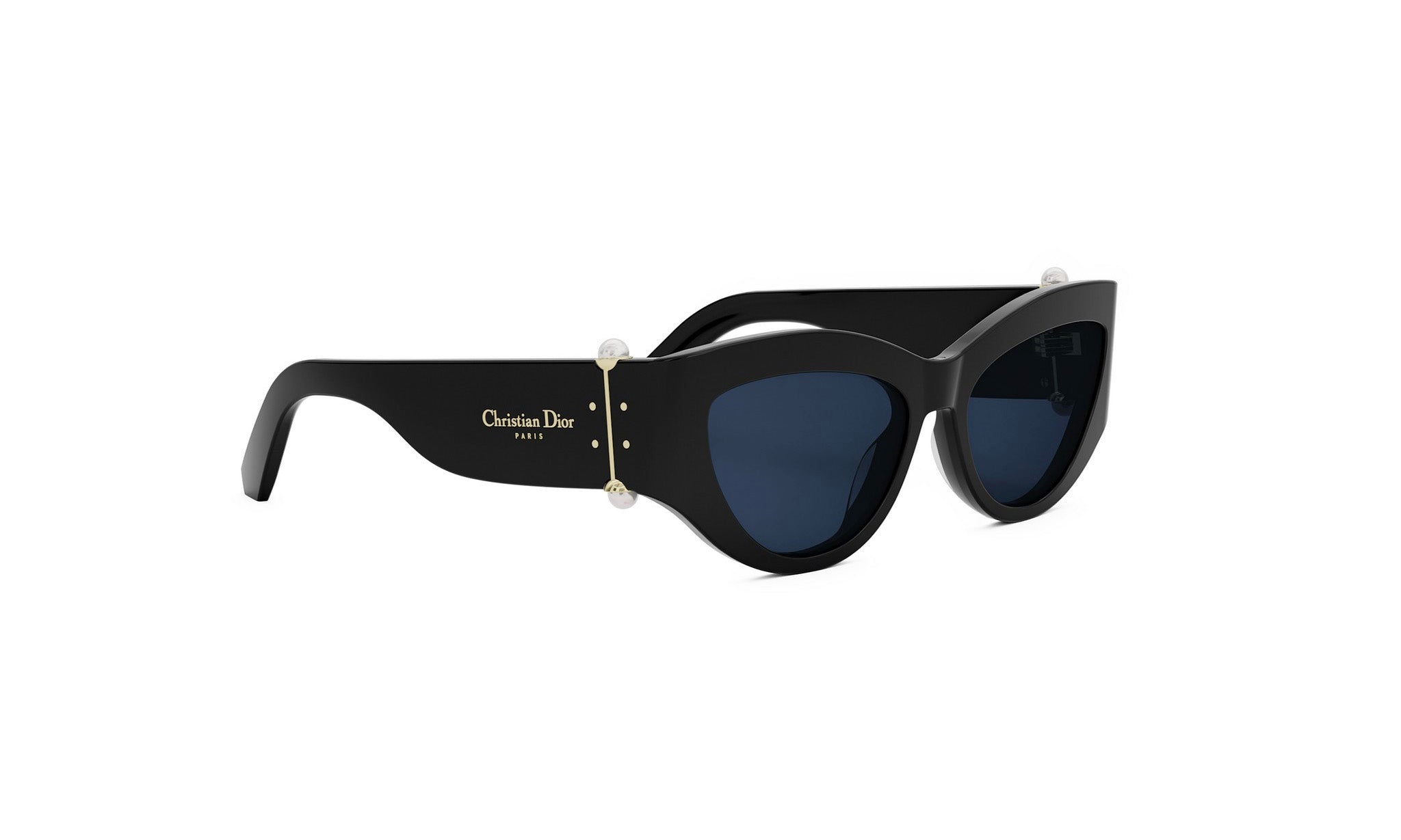 A pair of black sunglasses with the Christian Dior logo on the frame.