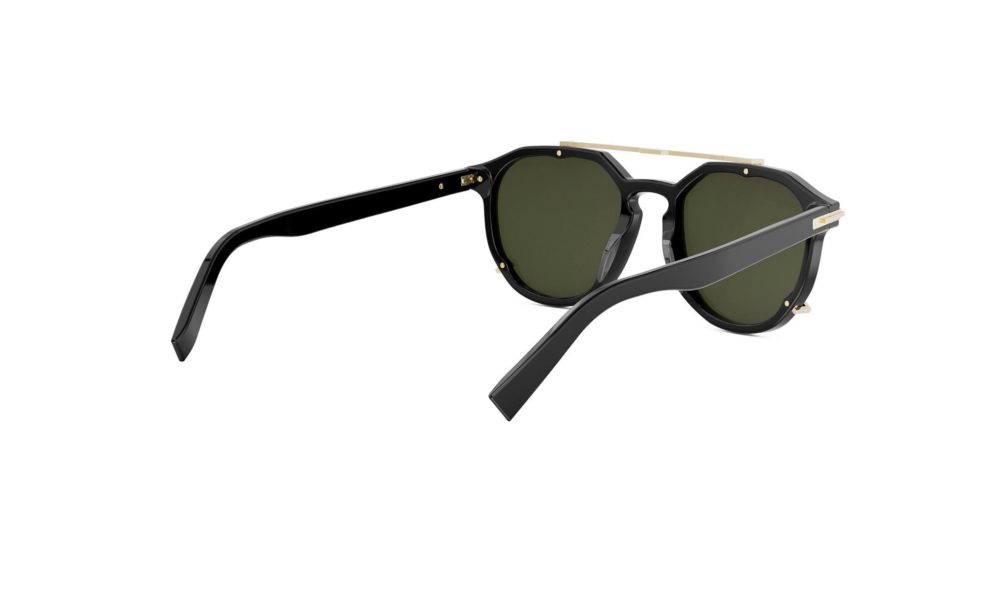 A pair of black sunglasses with dark green lenses.