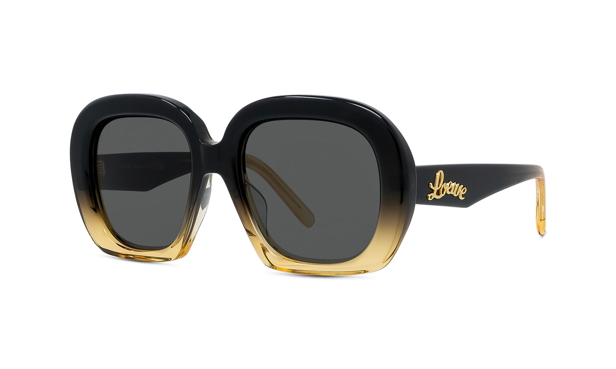 A pair of stylish sunglasses with a black frame and gold-toned lenses.