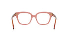 A pair of pink-framed glasses with brown accents, positioned facing forward against a white background.