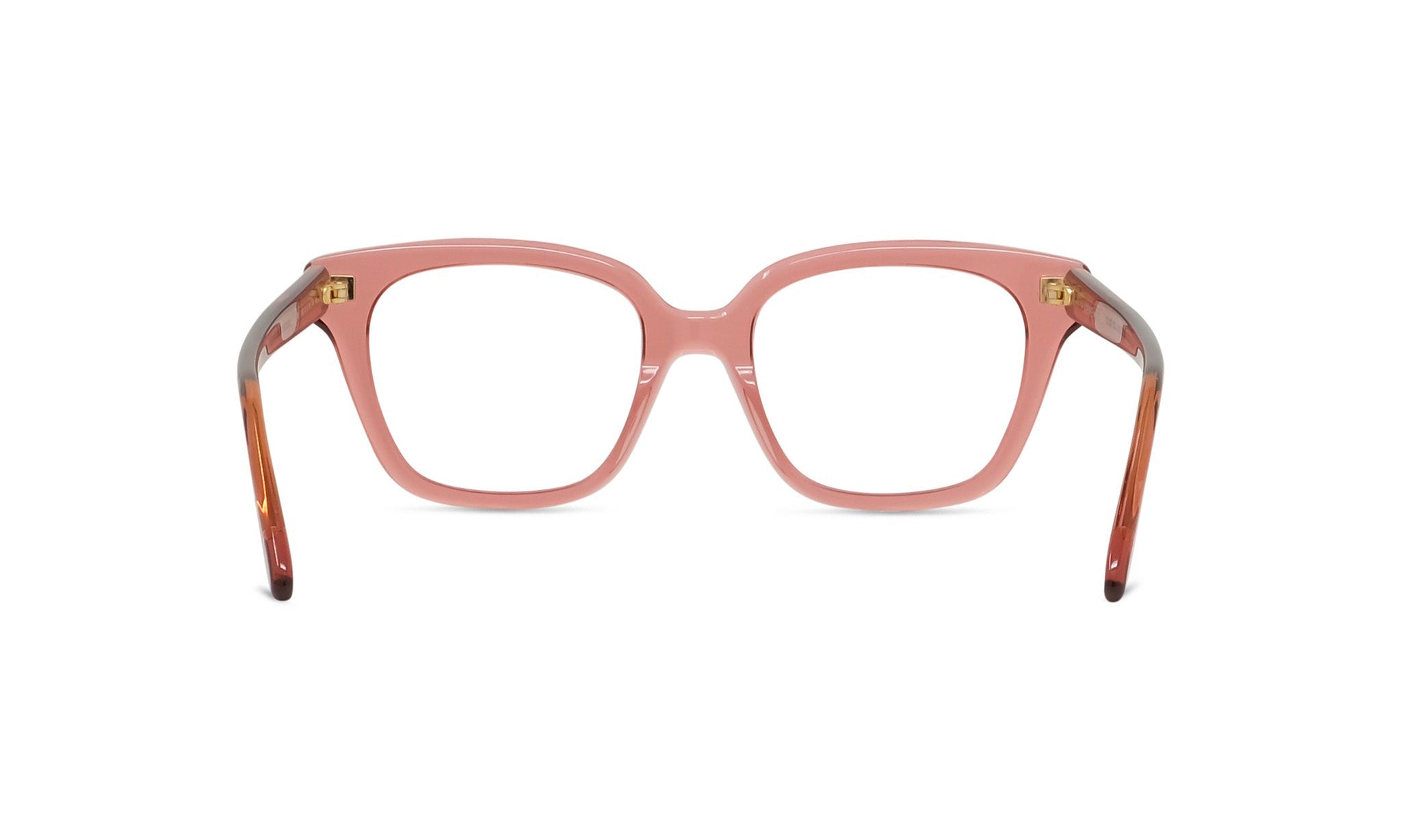 A pair of pink-framed glasses with brown accents, positioned facing forward against a white background.