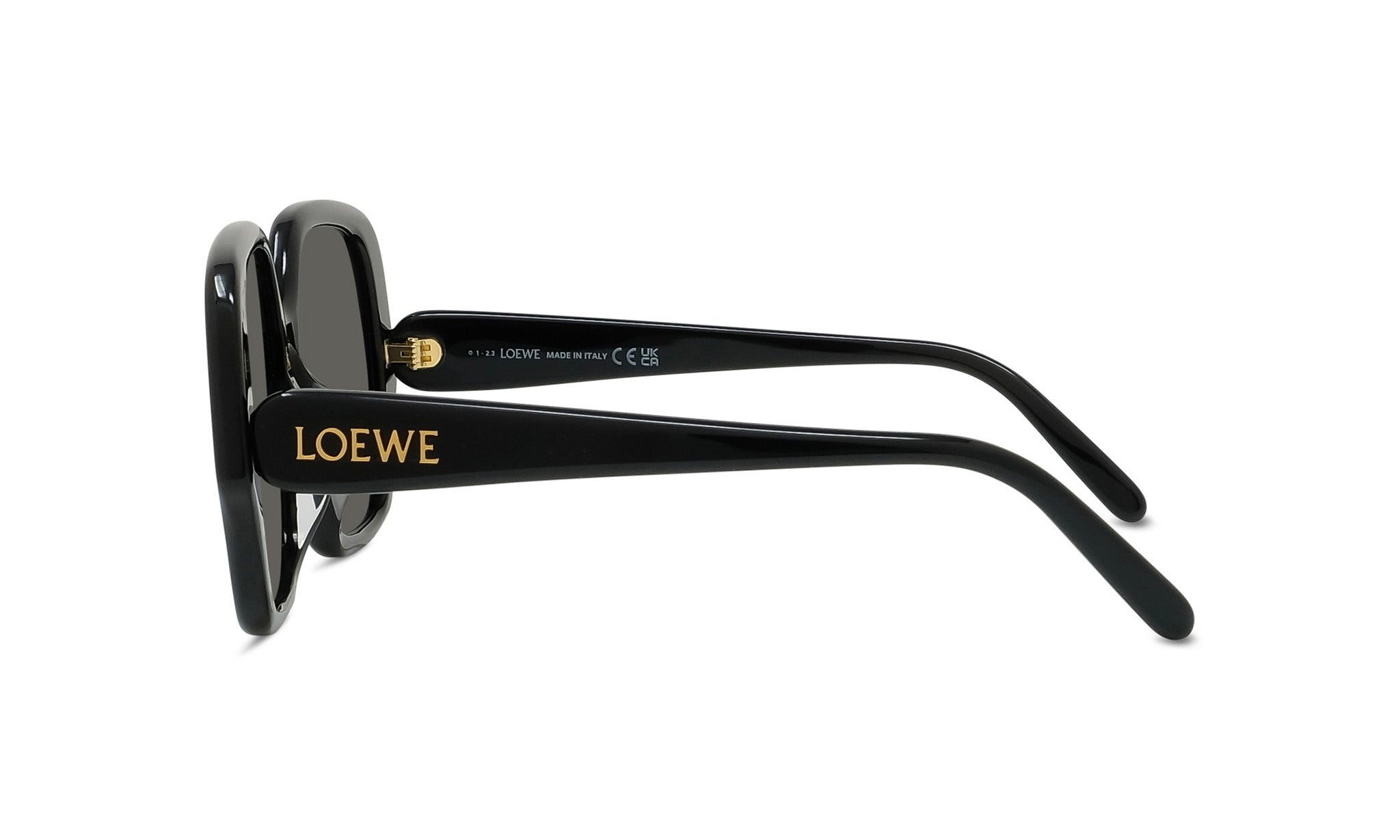 A pair of black sunglasses with gold text on the frame.