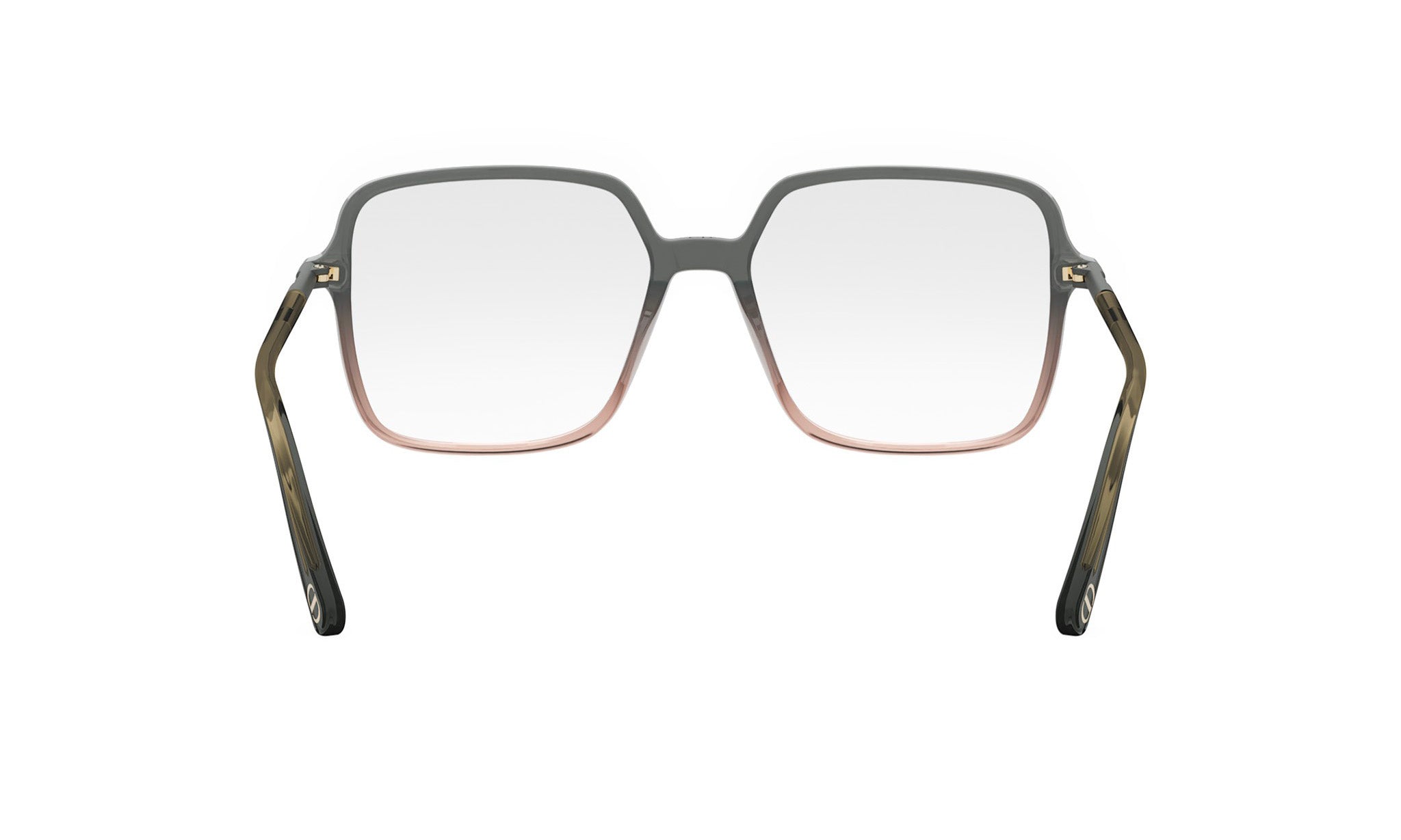 A pair of stylish, square-framed glasses with a dark frame and a lighter frame, featuring a gradient of colors.