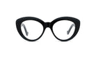 A pair of black cat-eye framed glasses against a white background.