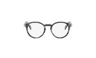 A pair of black-framed glasses with clear lenses, presented against a white background.