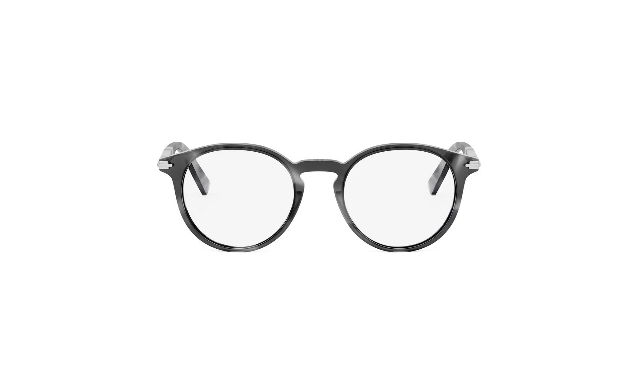 A pair of black-framed glasses with clear lenses, presented against a white background.