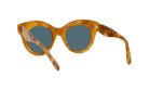 A pair of brown-tinted sunglasses with dark blue lenses, featuring a distinctive cat-eye frame design.