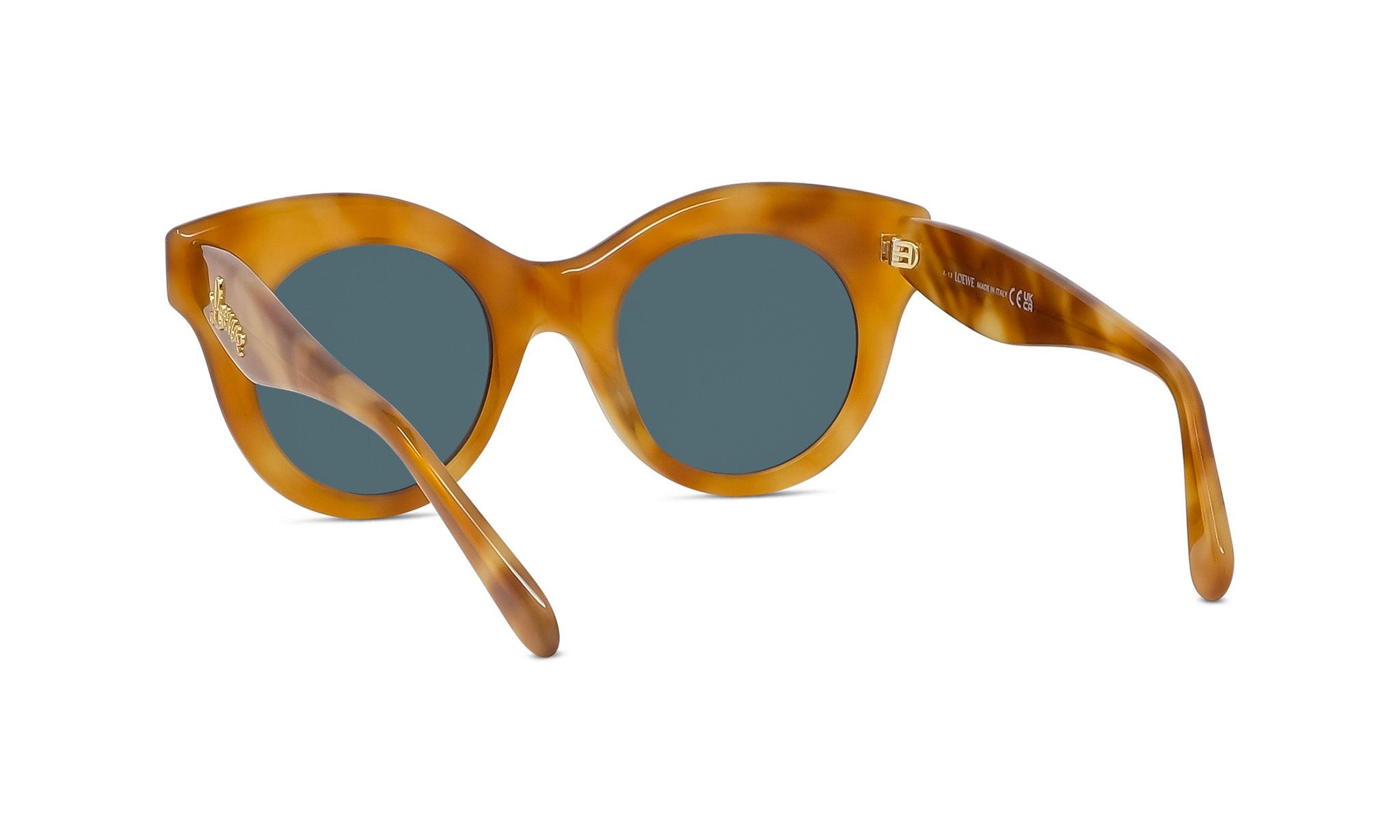 A pair of brown-tinted sunglasses with dark blue lenses, featuring a distinctive cat-eye frame design.