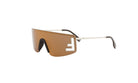 A pair of brown-tinted sunglasses with a distinctive white logo on the side.