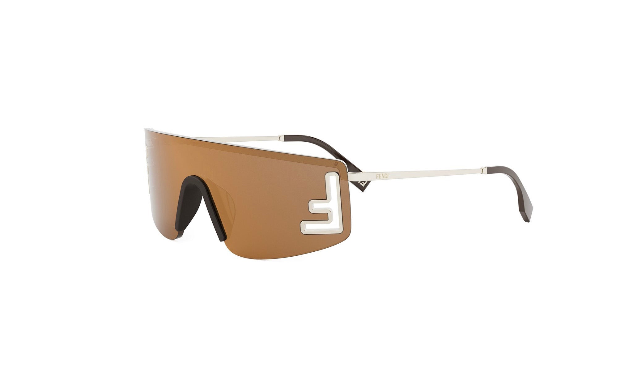 A pair of brown-tinted sunglasses with a distinctive white logo on the side.