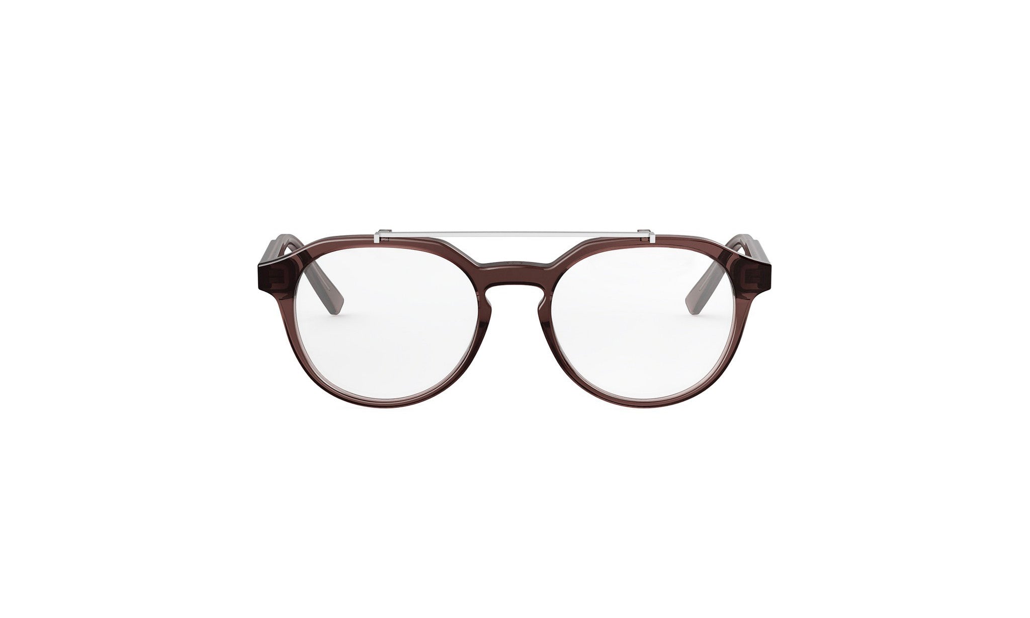 A pair of brown-framed glasses with a wire frame, displayed against a white background.