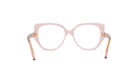 A pair of pink-tinted glasses with gold accents, featuring a large, round frame and a smaller, pointed nose.