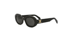 A pair of black sunglasses with a gold C logo on the frame.