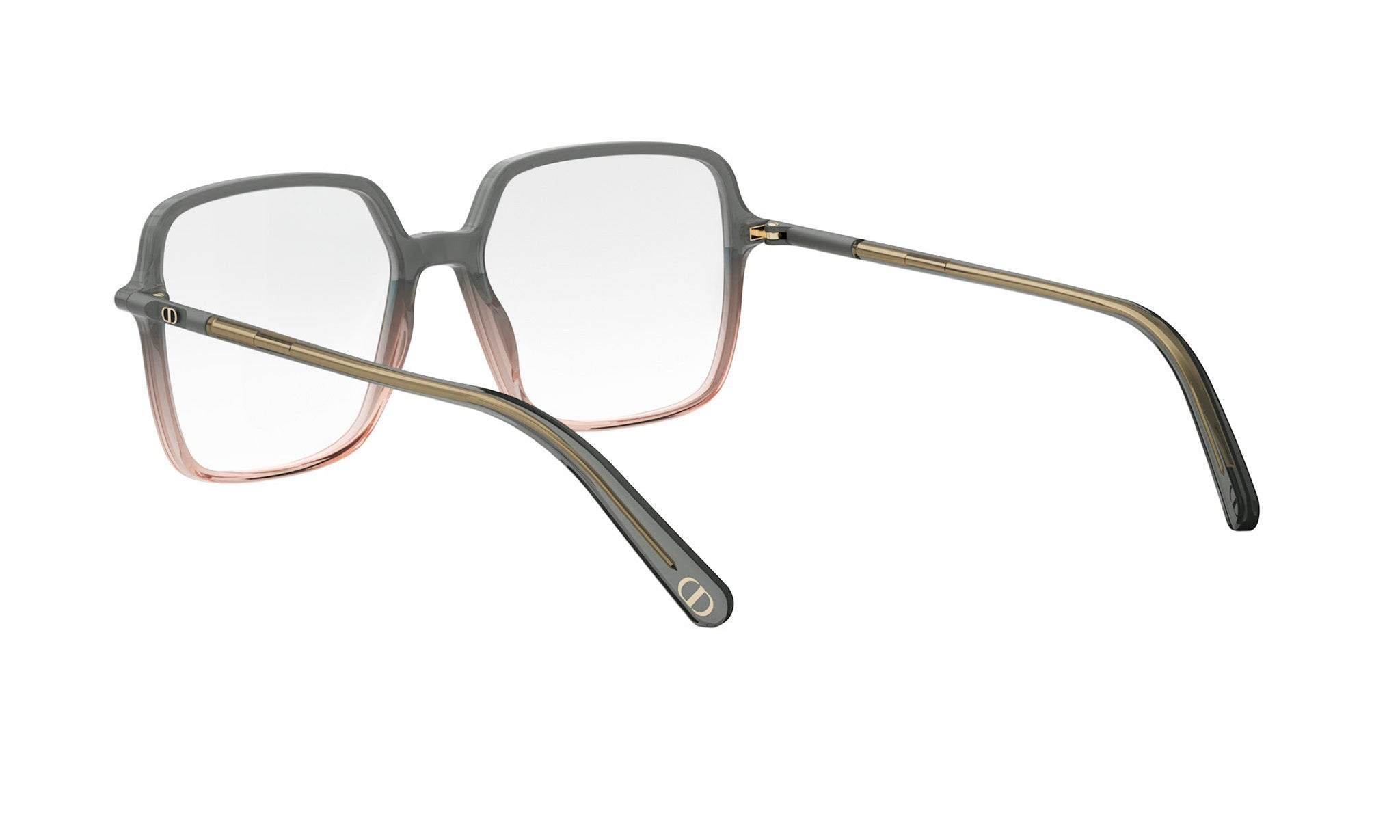 A pair of stylish, square-framed glasses with a dark frame and a lighter frame, featuring a gold-toned metal frame.