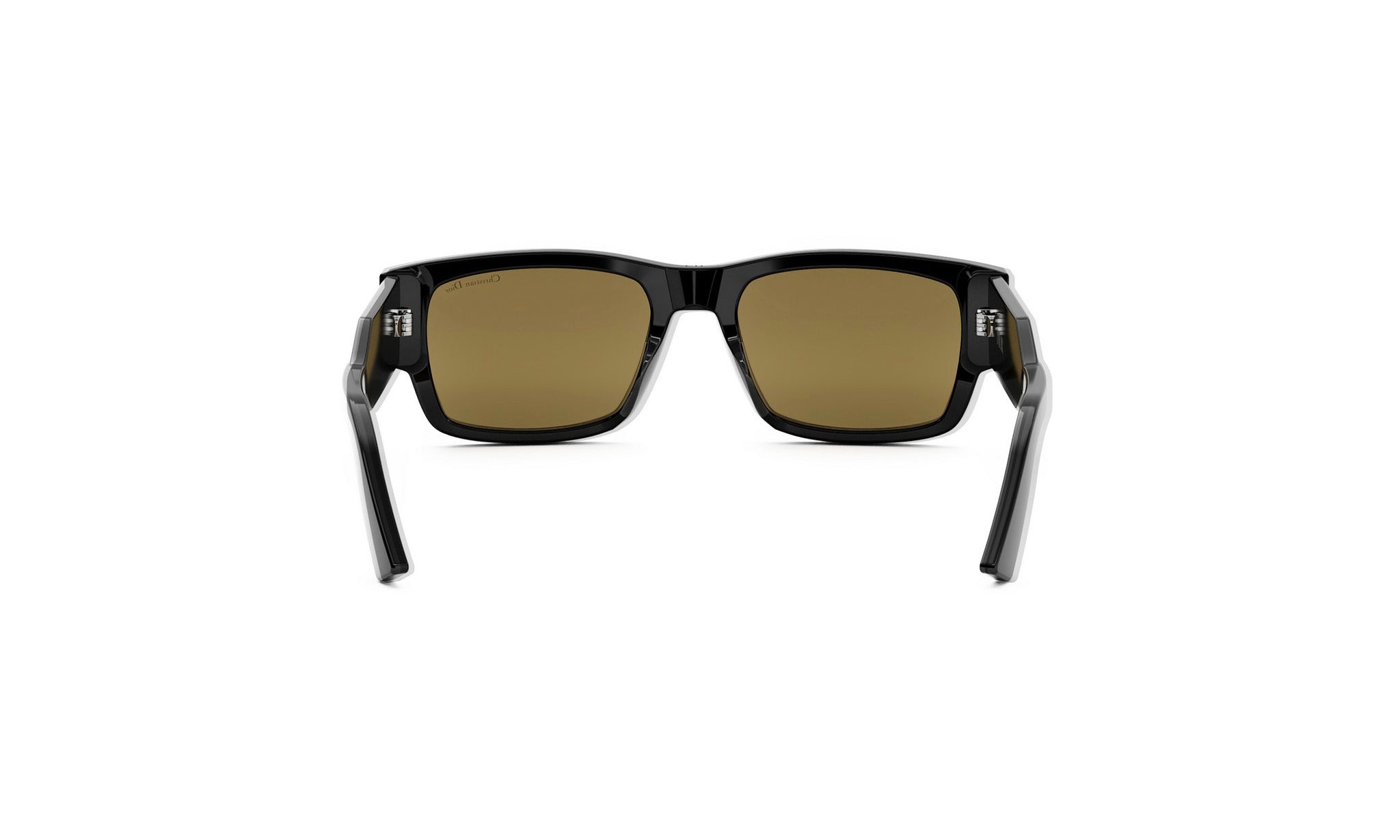 A pair of black sunglasses with brown lenses is shown against a white background.