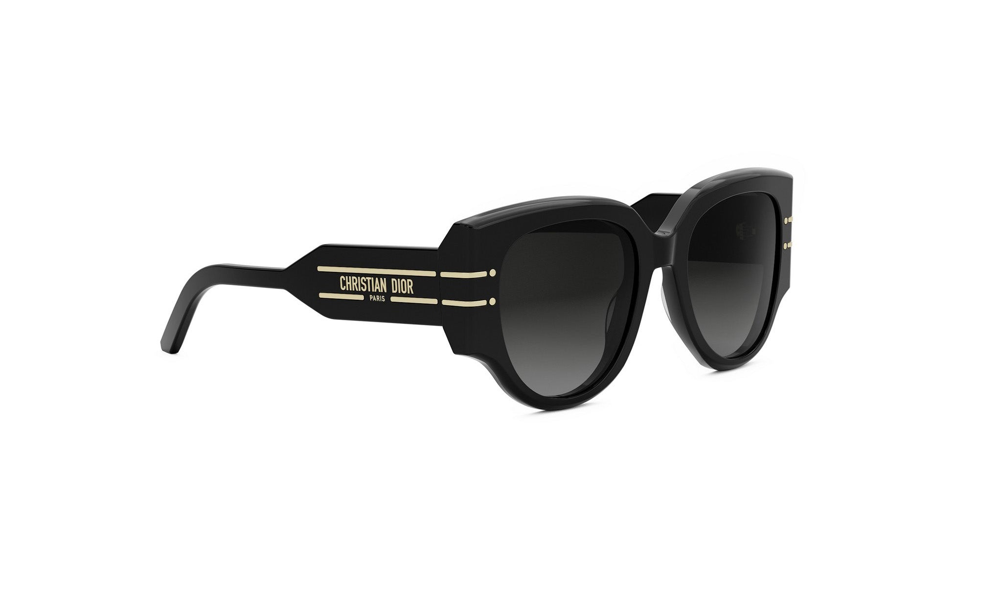 A pair of black sunglasses with gold accents and the brand name "Christian Dior" printed on them.