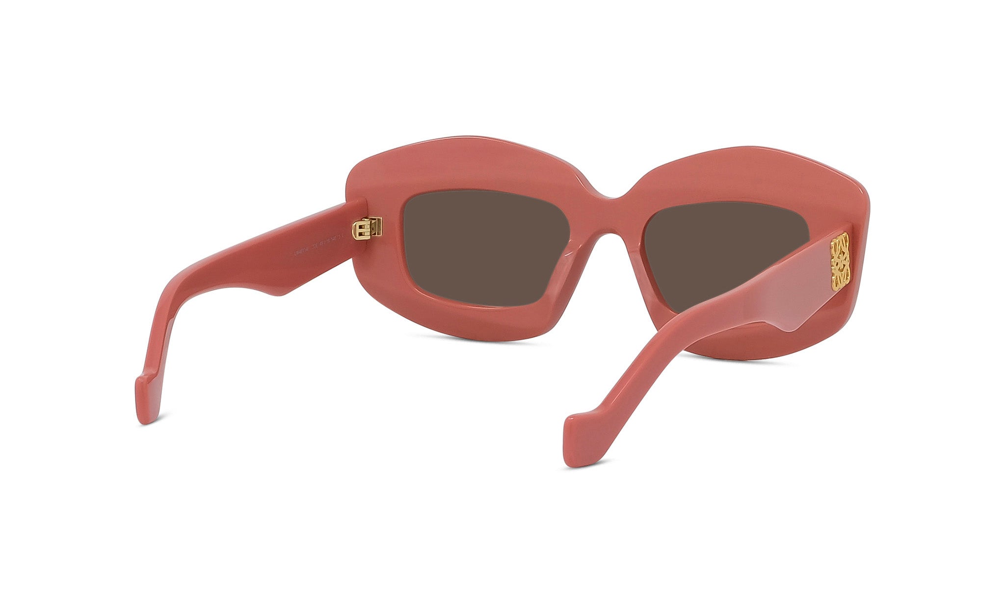 A pair of pink-framed sunglasses with dark lenses.
