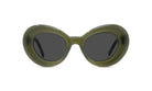 A pair of green-framed sunglasses with dark lenses.