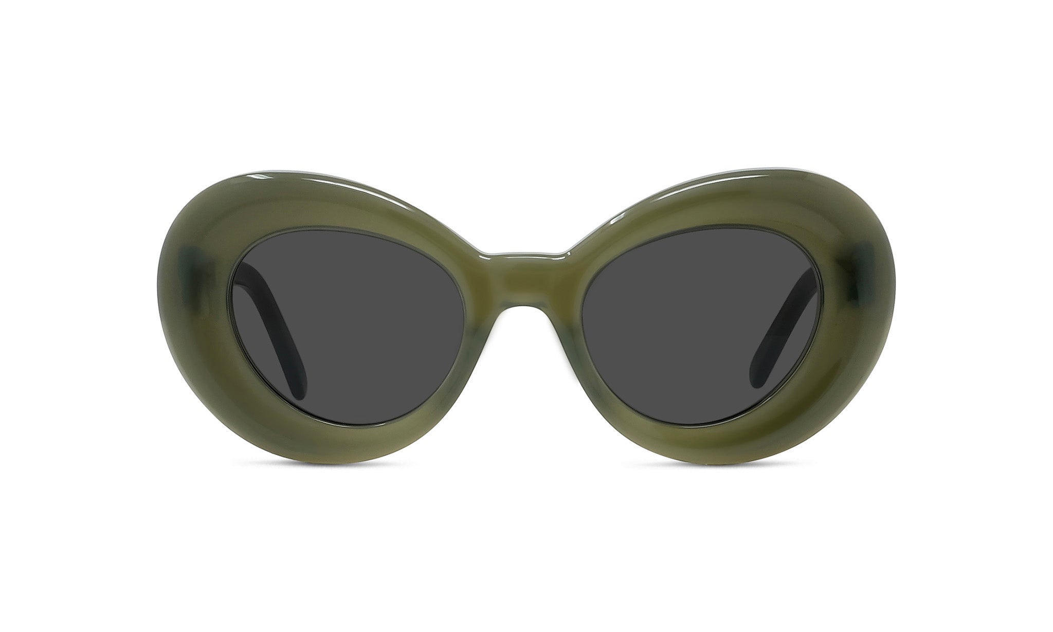 A pair of green-framed sunglasses with dark lenses.