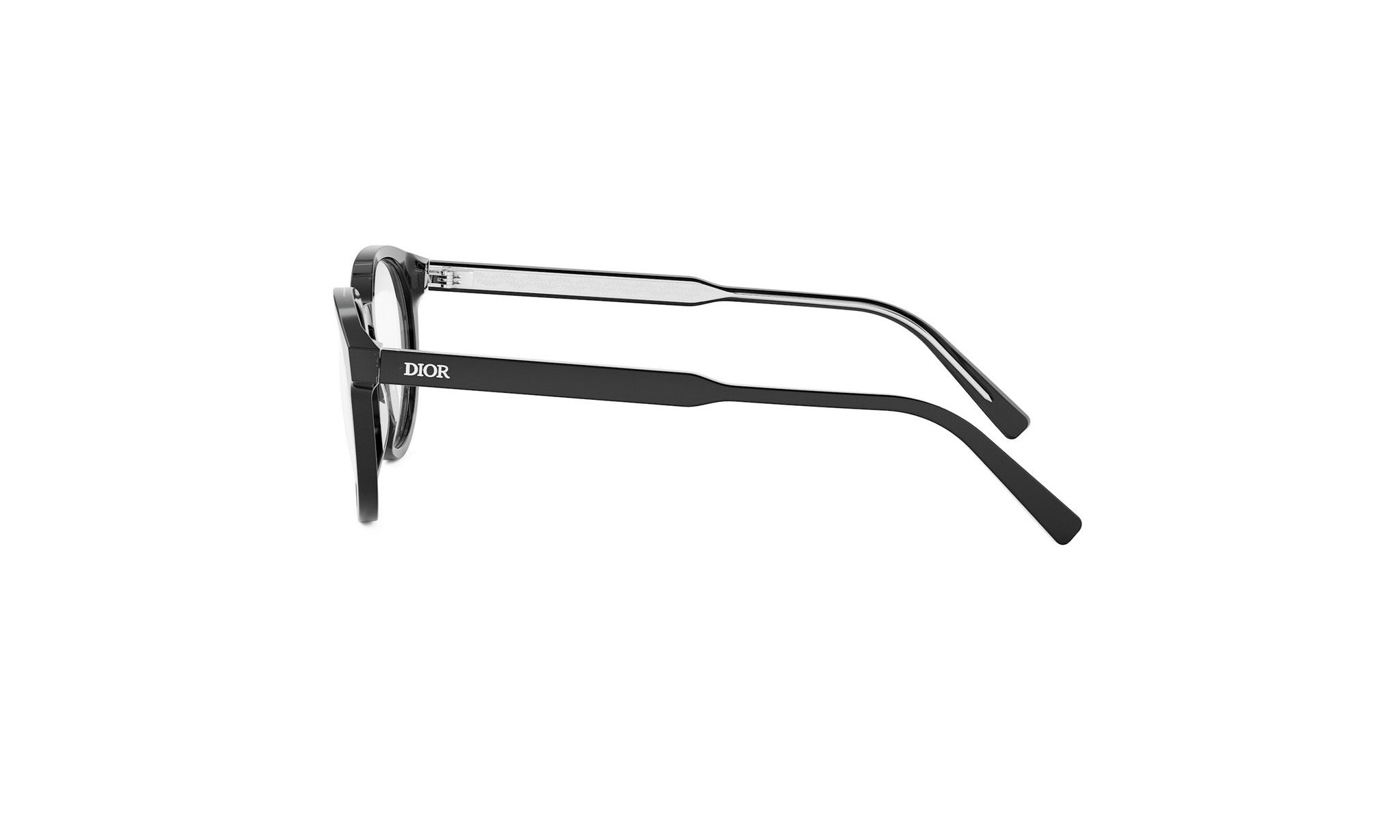 A pair of black-framed glasses with the Dior logo visible on the frame.