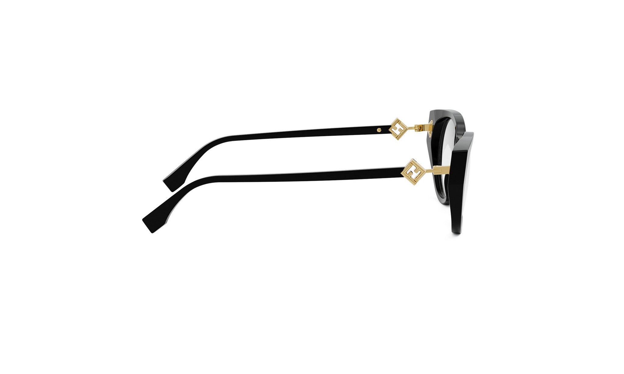 A pair of black-framed glasses with gold accents, positioned side by side against a white background.