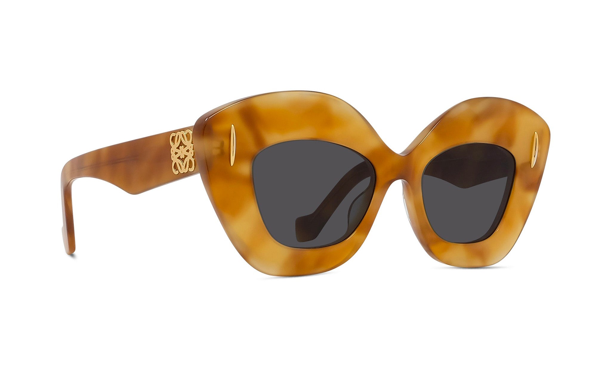 A pair of stylish sunglasses with a distinctive, elongated frame and dark lenses.