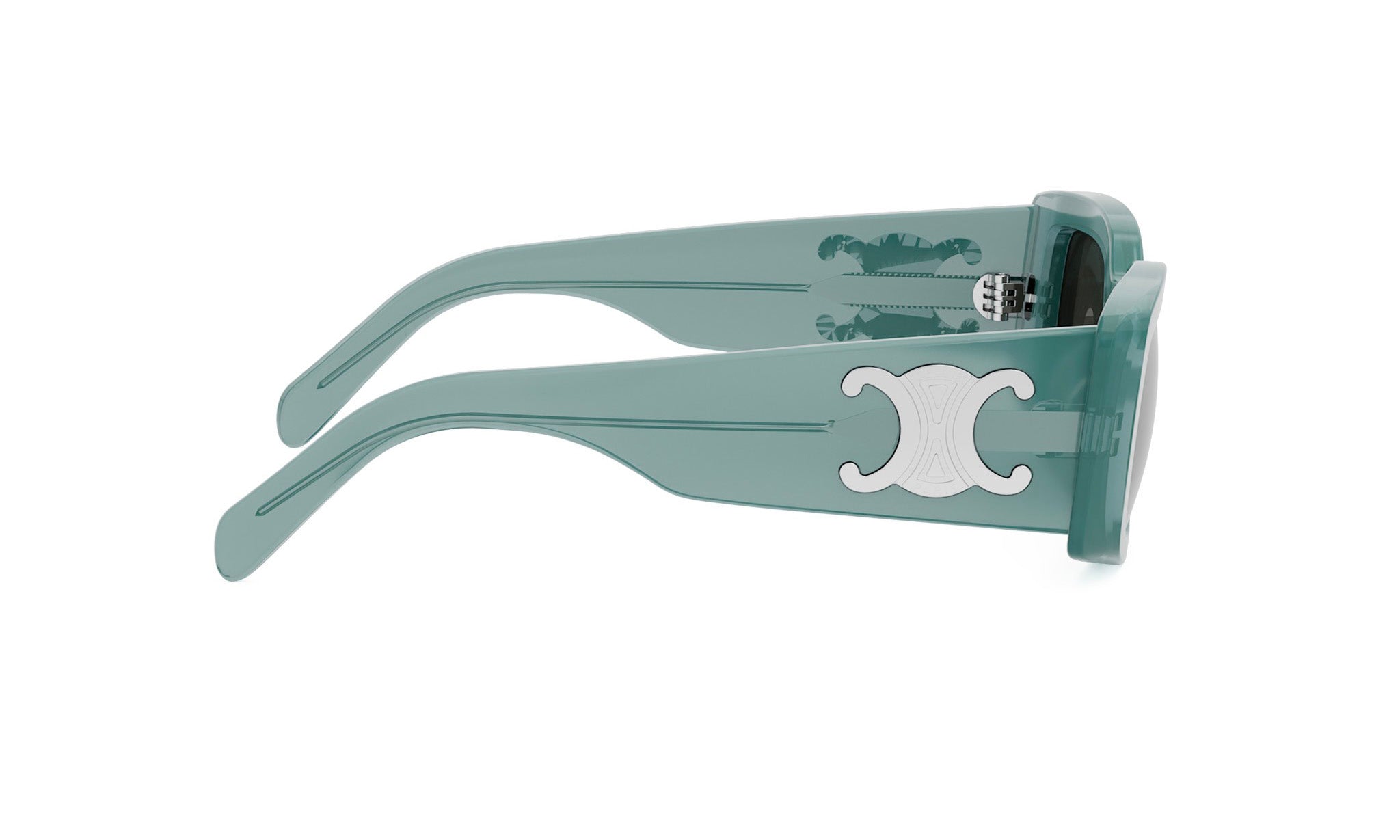 A pair of green sunglasses with a white Celine logo on the frame.
