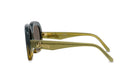 A pair of stylish sunglasses with a gold frame and dark lenses.